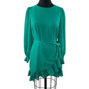 Yumi Kim Green Daphne Dress Swiss Dot Crew Neck Belt Tie Ruffle Back Zip Size 6